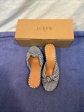 Brand New In Box J Crew Women’s Knotted Blue & White Checked Heeled Shoes Size 7